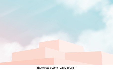 Sky Blue,Pink Cloud Background,Beige Podium Platform Step,Minimal 3d Display for Summer Cosmetic Product Presentation Banner Design,Vector Scene Nature Landscape of Spring Sky with Building wall

