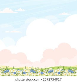 Sky blue,pink cloud background,Cute Spring landscape with green grass land,flower fields,Nature Summer rural with copy space,Vector Cartoon backdrop banner for Easter,Spring card