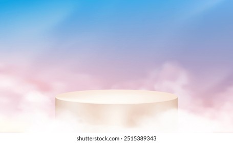 Sky Blue,Pink,White Cloud Background and Cream Podium Platform for Summer Cosmetic Product Design,3d Display mockup stage stand with cloudy,Vector Banner design scene nature landscape of Spring Sky 