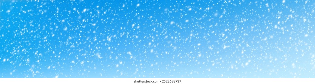 Sky Blue,snowflakes Background,Horizon Winter snowy sky,Vector landscape nature sunrise in Winter, Spring panorama banner white snow over blue sky. Snowflakes. Heavy snowfall. Christmas snowflakes.