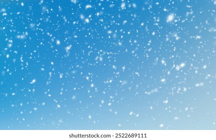 Sky Blue,snowflakes Background,Horizon Winter snowy sky,Vector landscape nature sunrise in Winter, Spring panorama banner white snow over blue sky. Snowflakes. Heavy snowfall. Christmas snowflakes.