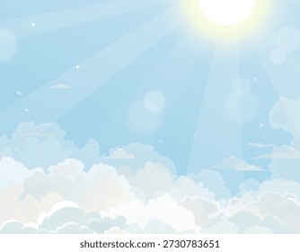 Sky blue,white clouds bright sunlight beams for Summer nature background,Vector illustration cartoon Spring sky,cloud dancer for 2026 trends,Sunlight,fluffy cloudy for Easter banner,Children content