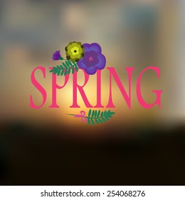 Sky blurred defocused landscape background with text Spring and flowers