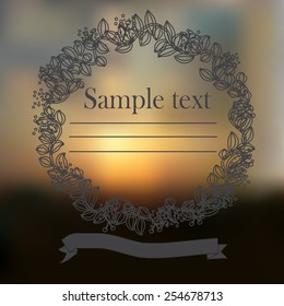Sky blurred defocused landscape background with text and floral frame