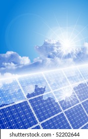 Ð¡lear sky, bright sun and solar panel with reflection of clouds. Eps10