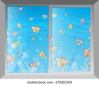 Sky and butterflies. View through the window. The concept of peace on earth. Illustration for your design.