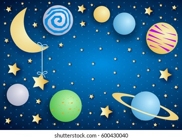 Sky by night with moon, planets and copy space. Vector illustration 