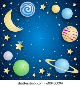 Sky by night with moon, planets and copy space. Vector illustration 