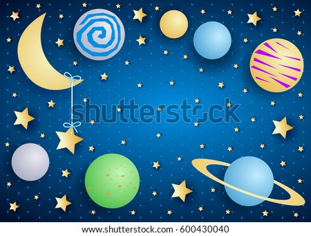 Sky by night with moon, planets and copy space. Vector illustration 