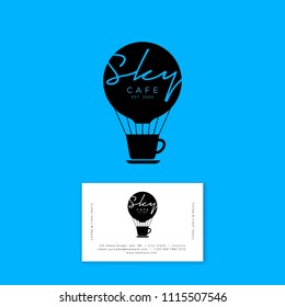 The Sky Is A Cafe Logo. An Air Balloon And A Cup With Letters On A Blue Background. Monochrome Version, Business Card, Identity.