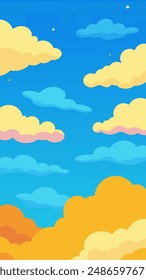 The sky in the cartoon is blue and decorated with yellow and pink clouds