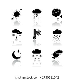 Sky clarity and precipitation drop shadow black glyph icons set. Seasonal weather forecast, meteorological report. Atmosphere condition prediction. Isolated vector illustrations on white space