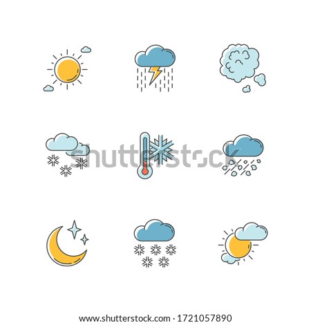 Sky clarity and precipitation RGB color icons set. Seasonal weather forecast, meteorological report. Atmosphere condition prediction. Isolated vector illustrations