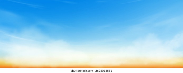 Cielo azul claro, fondo de las nubes, horizonte amarillo amanecer Cielo sobre la playa en verano, paisaje de la Naturaleza Puesta del sol en invierno, Vector de dibujos animados Panorama de primavera Anuncio blanco nublado sobre el océano del mar