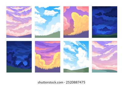 Ciel nuageux. Anime ciel nature. Nuit et jour, paysage de coucher de soleil d'été, soleil levant. Voyage pour horizon. Météo trouble, arrière-plan vue. Illustration de Cloudscape. Image vectorielle décor minimalisme criard