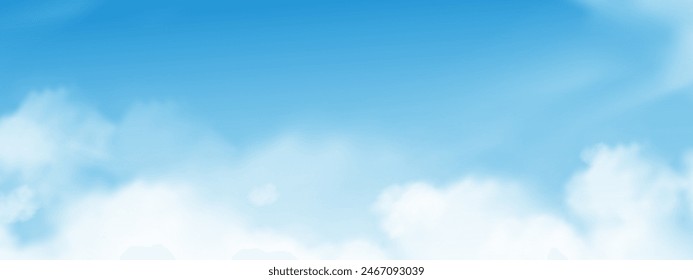 Sky Cloud Background With Blue Summer Clear White Sky. Spring Banner With Light Sunrise And Sun, Beach Bright Vector Landscape Illustration, Cartoon Cloudy Field Nature At Sunset Day.