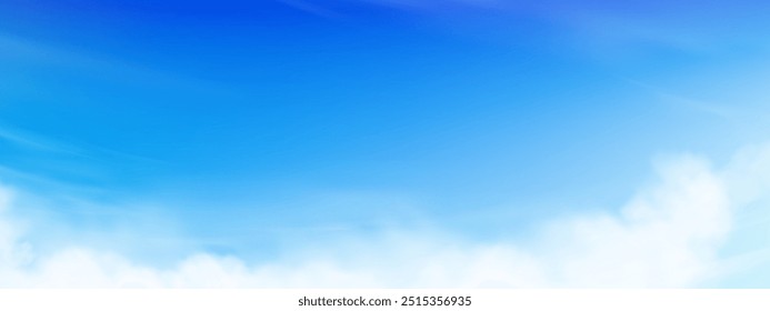Sky Cloud Background With Blue Summer Clear White Sky. Spring Banner With Light Sunrise And Sun, Beach Bright Vector Landscape Illustration, Cartoon Cloudy Field Nature At Sunset Day.