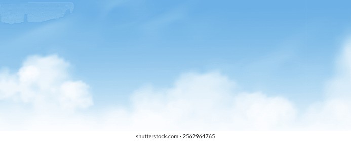 Sky Cloud Background With Blue Summer Clear White Sky. Spring Banner With Light Sunrise And Sun, Beach Bright Vector Landscape Illustration, Cartoon Cloudy Field Nature At Sunset Day.