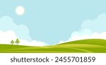 Sky Cloud Background Over Grass Field, Green Hill Farm, Cartoon Vector Blue Park, Outdoor Tree Spring Meadow, Road Mountain Landscape, Countryside Illustration And Banner On Blue Sky Background