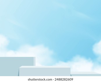 Sky and Cloud Background,Blue Podium Platform Step,Minimal 3d Display for Summer Cosmetic product Presentation Banner Design,Vector Scene Nature Landscape of Spring Sky with Building wall