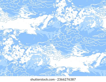 azul cielo nube azul blanco japonés chino tradicional ilustración vectorial fondo patrón transparente colorido color de agua tinta texturado