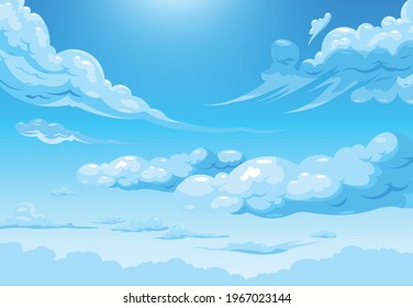 Ilustración diaria de Sky Cloud con cirrus de dibujos animados y nubes blancas de cúmulo en rayos de ilustración del vector solar