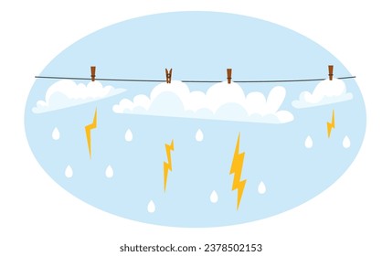 Nubes de cielo se secan sobre el concepto de lluvia de cuerda. Ilustración de diseño gráfico plano vectorial 