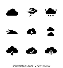 Sky and cloud icons set with wind, rain, and sun behind cloud silhouettes.
