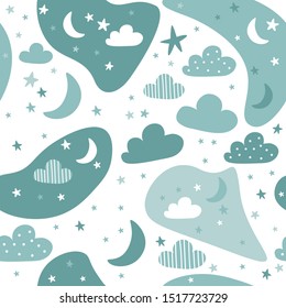 Sky and cloud night theme green and white pastel color cartoon seamless pattern background wallpaper vector eps10