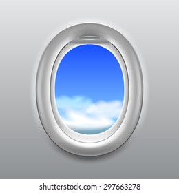 Cielo con nubes en la ventana de la aeronave fondo vectorial realista