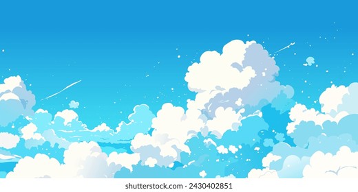 Sky with Clouds. Anime background. Cloudy vector cartoon illustration with blue colors. Nature abstract wallpaper. 