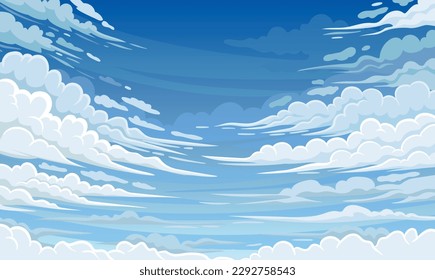 Sky clouds background. Nice anime backdrop. Natural landscape, scene for video game and arcade. Heavens with bright weather in summer or spring. Japanese style banner. Cartoon flat vector illustration