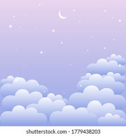 Sky and clouds background. Stylish design with a flat poster, flyers, postcards, web banners. Vector illustration. Pastel background with the clouds, stars and moon. White clouds set on the purple sky