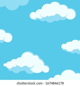 Sky with clouds background. White fluffy clouds on blue summer sky vector illustration. Flat design cartoon style nature wallpaper. Good day sunny weather.