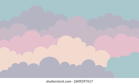Sky and clouds, beautiful background. Stylish design with flat, cartoon poster, flyers, postcards, web banners. Calm color tones, airy atmosphere. Wide size. Design material. Vector illustration.