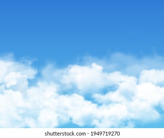 Sky and clouds, blue realistic background, vector cloudy summer heaven. White light clouds in sky, sunny day weather and air fluffy with fluffy clouds, spring in nature and clean environment backdrop