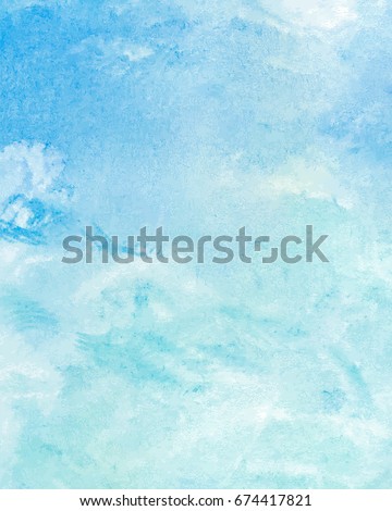 Sky with clouds and blue sea water, abstract hand painted watercolor background, vector illustration