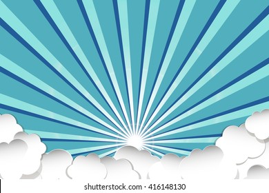 Sky with clouds blue, vector. Vintage colored rays background, cartoon. Heavens.blessing. Illustration good day.