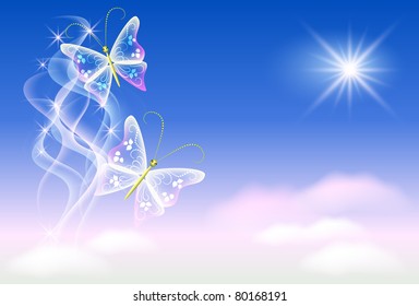 Sky, clouds, butterflies and  sunshine