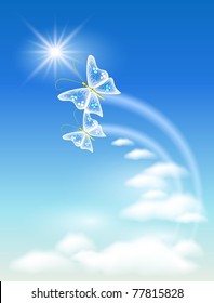 Sky, clouds  and  butterfly. Symbol of ecology clean air.