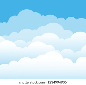 Sky and clouds. Cartoon cloudy background. Heaven scene with blue sky and white cloud. Vector illustration