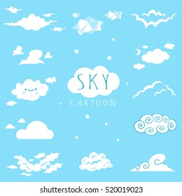 Sky and clouds cartoon vector set. Collection of elements for design.