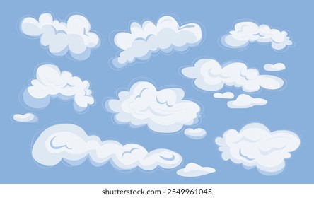 Coleção de nuvens do céu. Nuvens fofas e balões. Clima e tempo bonitos. Céu e céu. Previsão e nublado. Cartaz ou banner. Vetor plano isolado no plano de fundo azul