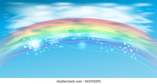 sky with clouds and flare horizon. Rainbow and glowing lines. Illustration. Use for Website, phone, computer, printing, fabric decoration design etc