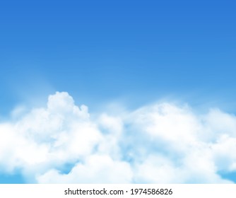 Sky clouds or fog, realistic cloudy air or heaven vector background. White fluffy clouds in sky with sun light, sunny day and fresh air weather, fluffy clouds, nature spring and clean environment