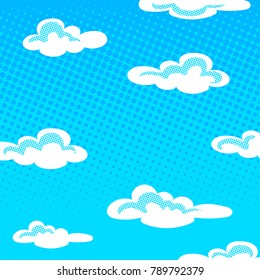 Sky with clouds halftone design background retro vector illustration.