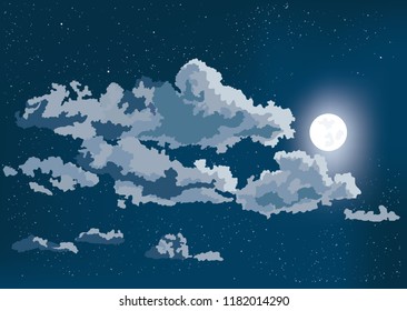Cielo con nubes, cielo, noche, cielo estrellado, luna, ilustración vectorial.