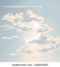 Sky with clouds, heaven, sunny day, vector illustration.