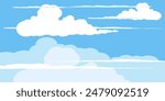 Sky with Clouds illustration in flat style. Sky and clouds background. Cloudy vector cartoon illustration in blue color. Nature abstract wallpaper. 