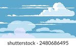 Sky with Clouds illustration in flat style. Sky and clouds background. Cloudy vector cartoon illustration in blue color. Nature abstract wallpaper.